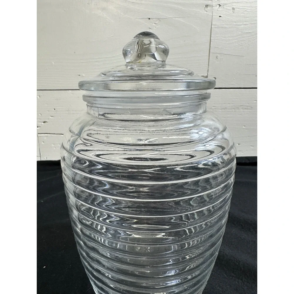 Vintage Clear Ribbed Glass Apothecary Jar Beehive Storage Canister with Lid